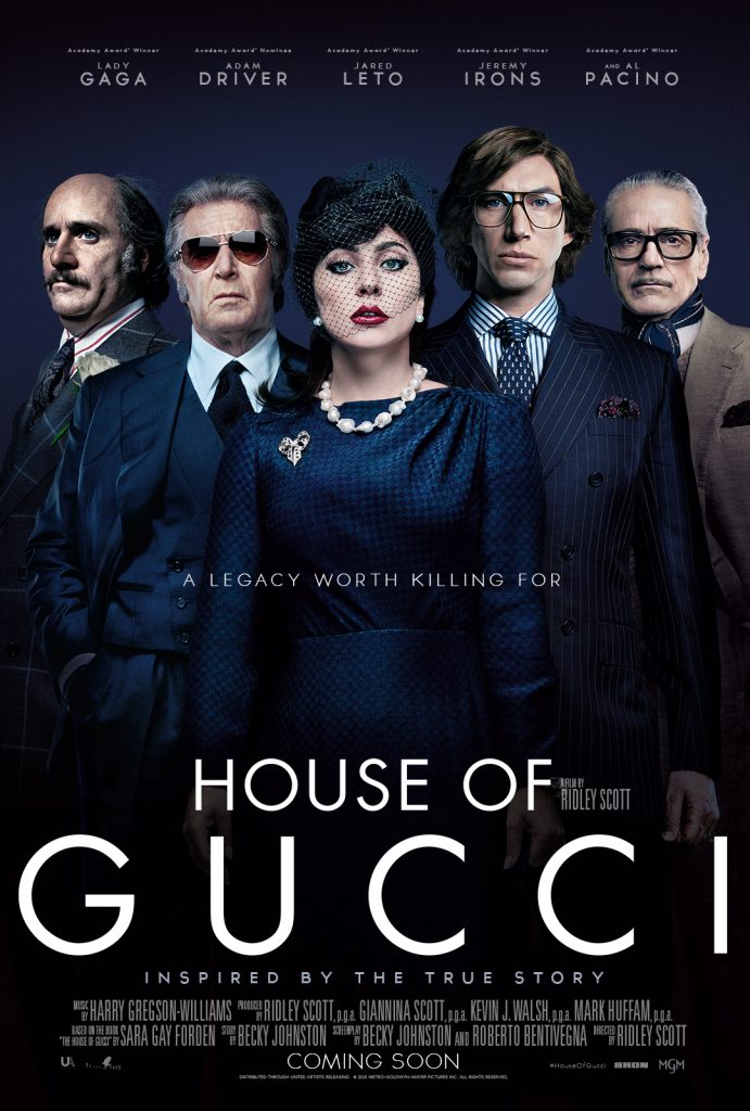 House of Gucci movie poster with Lady Gaga, Adam Driver, Jared Leto, Al Pacino and Jeremy Irons