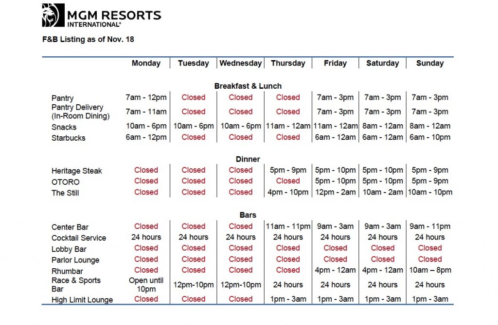 New restaurant hours at The Mirage