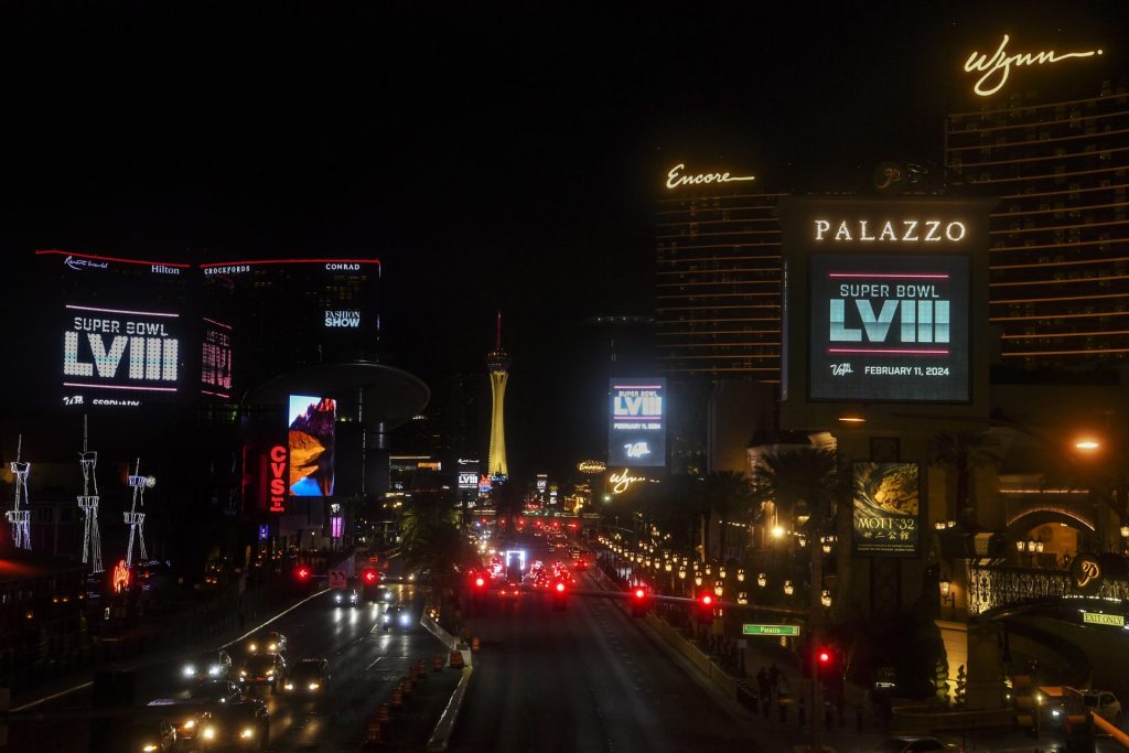 Las Vegas Strip with Super Bowl LVII marquees