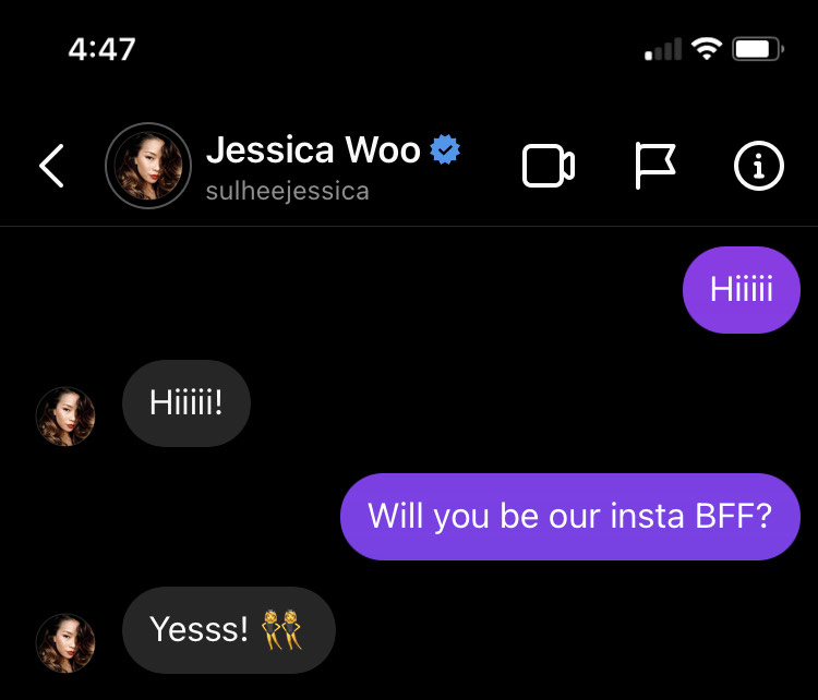 Jessica Woo agrees to be our BFF on insta