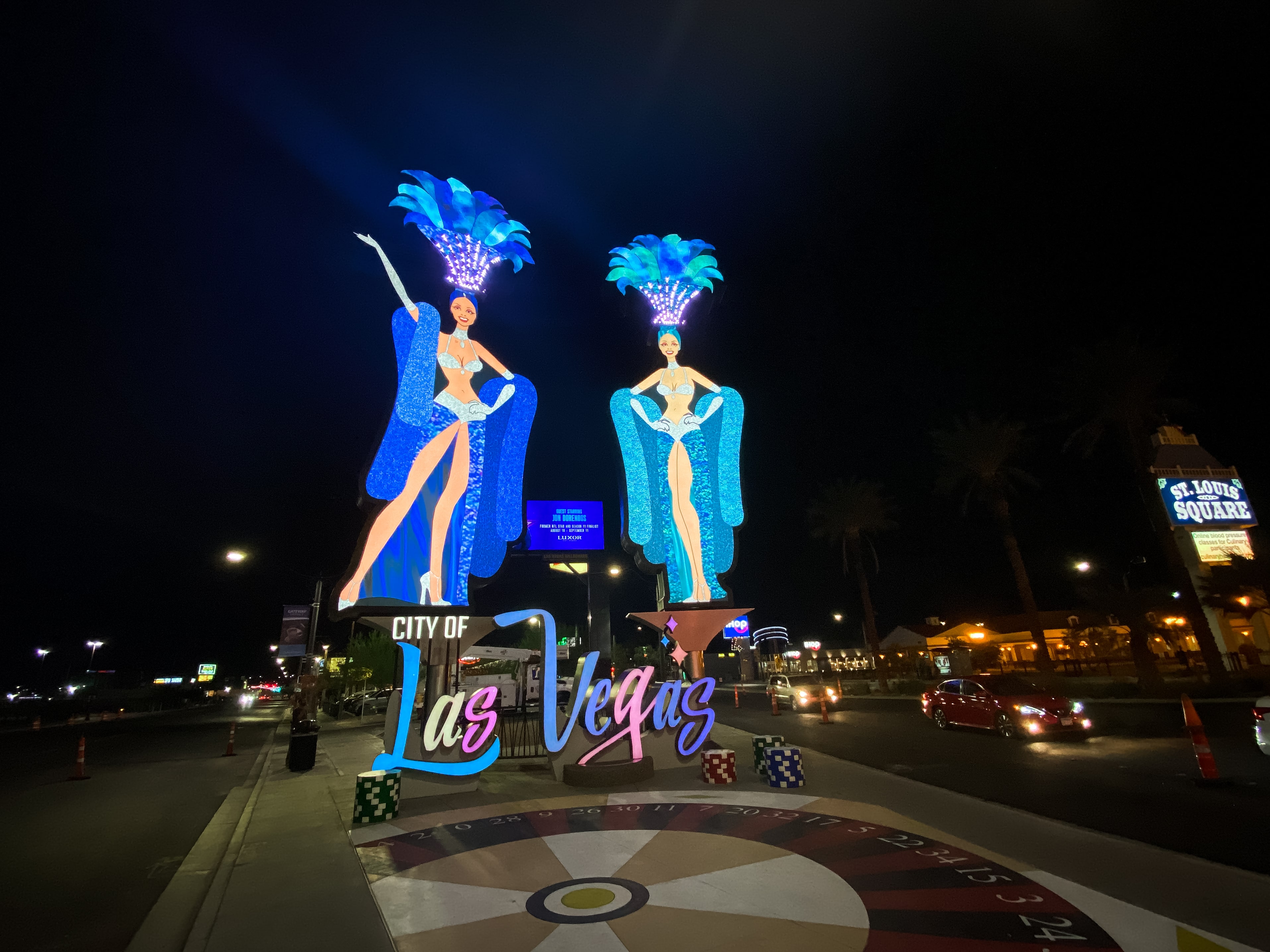 showgirls city of las vegas signs at night
