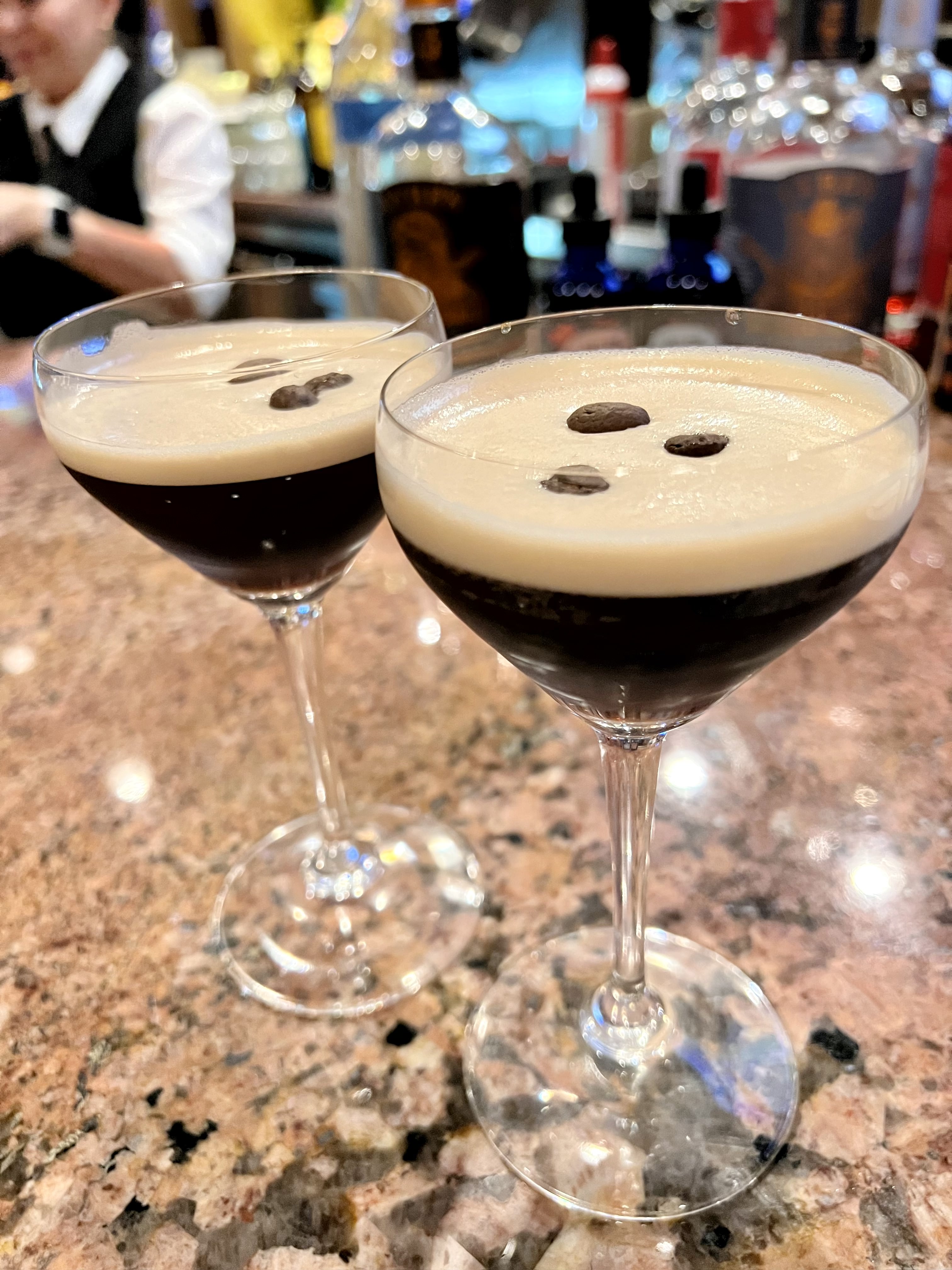 Gaeteano's Espresso Martini - chocolate brown mocktail with frothy top garnished with coffee beans