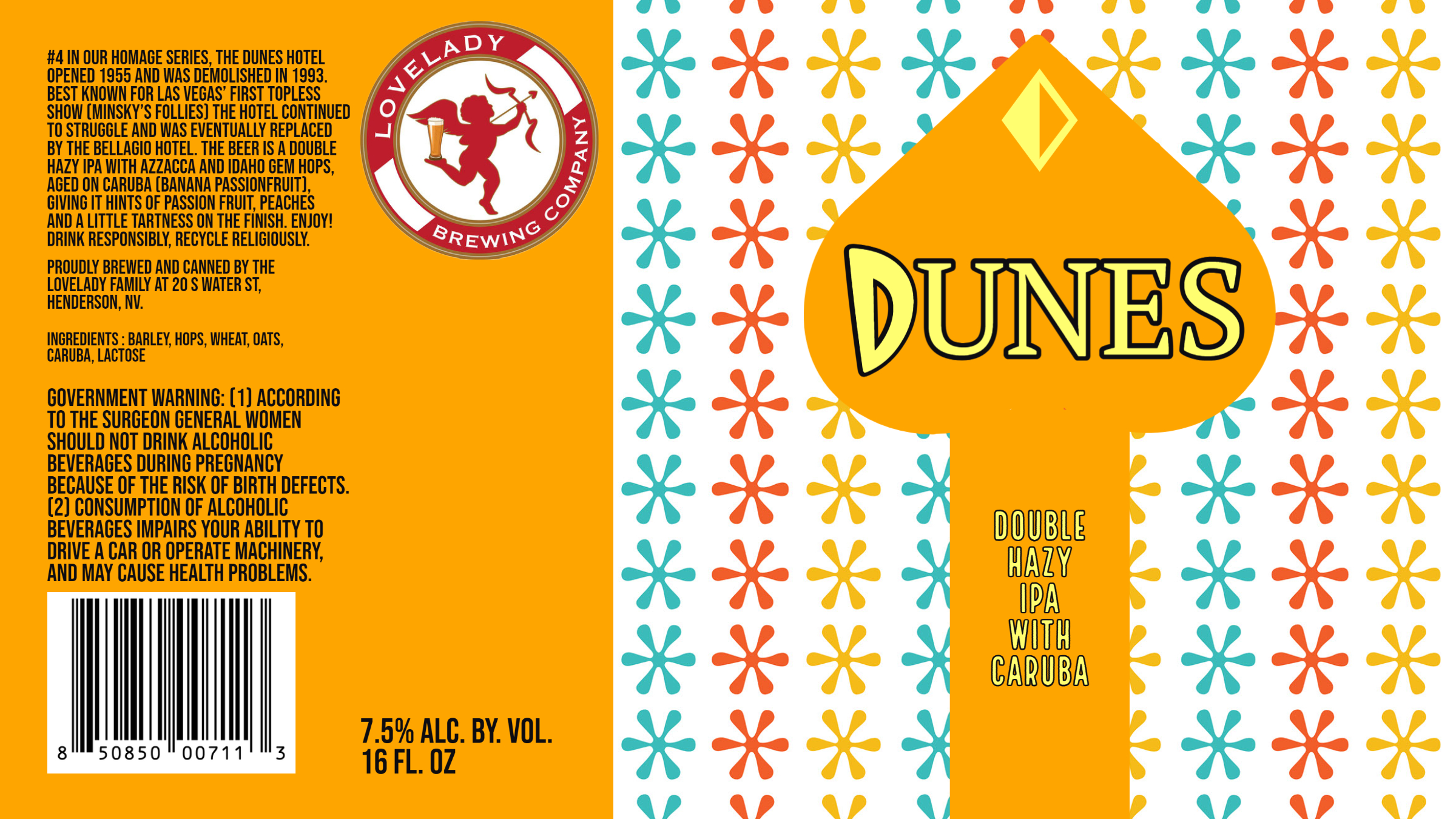 Dunes from Dead Casino Series by Lovelady Brewing - packaging with old Las Vegas Dunes sign colored bright yellow and orange 