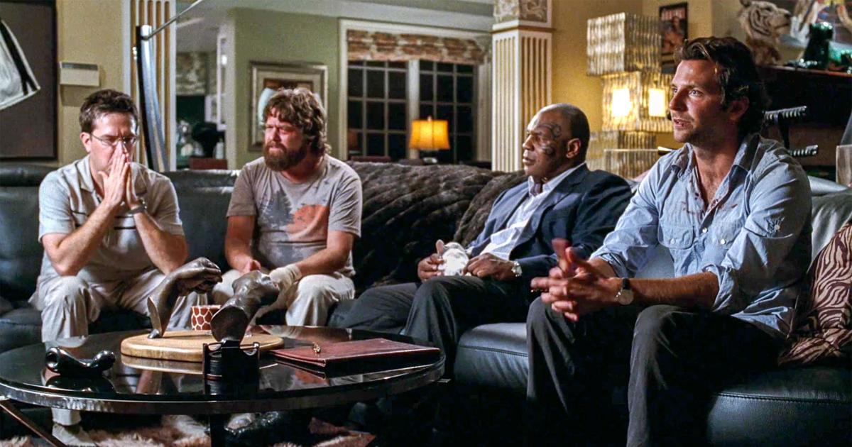 The Hangover movie, scene with Mike Tyson, Bradley Cooper, Ed Helms, Justin Bartha and Zach Galifianakis
