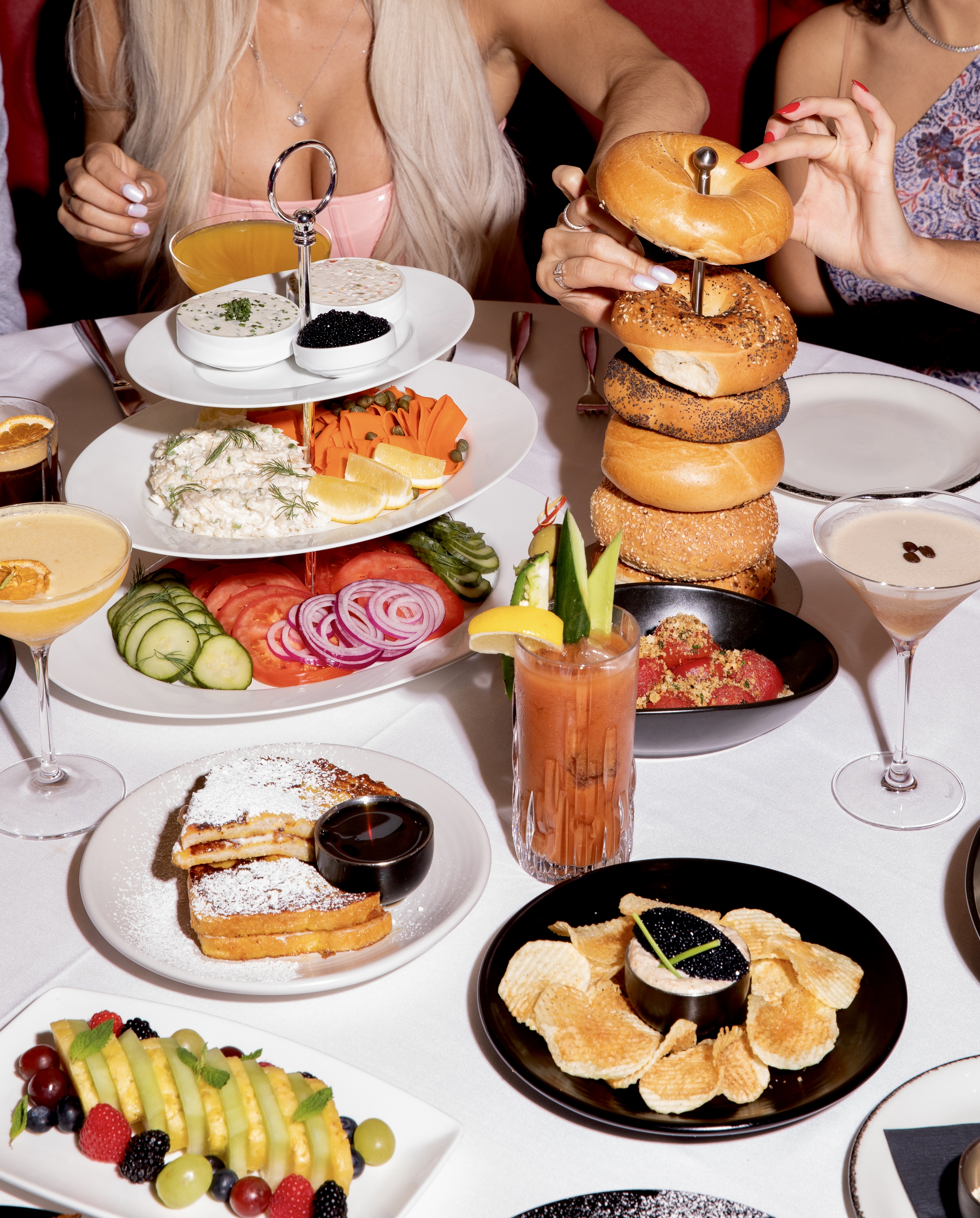 Sunday brunch spread with bagel tower